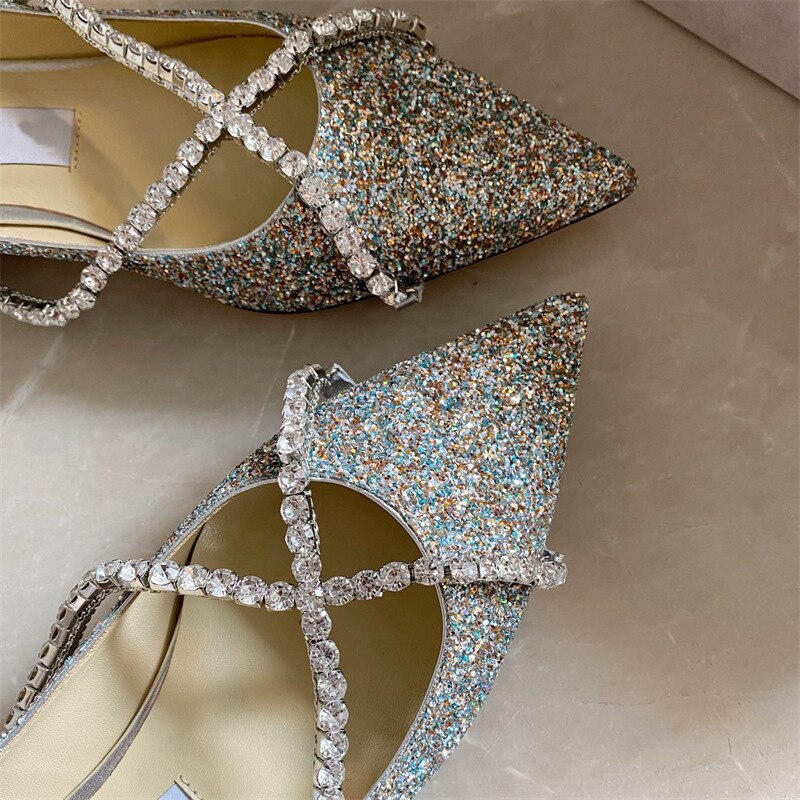 Advbridge Pointed toe fashion shoes women's summer new sequins rhinestone French cross strap casual flat shoes