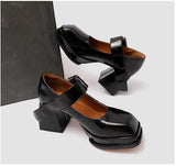 Advbridge Women Patent Leather High Heel Mary Janes Shoes Vintage Buckle Platform Lolita Shoes Ladies Pumps Female Square Toe Casual Shoes