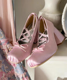 Advbridge NEW Classic Pink Silk Ballet Shoes Lace Up Lolita Young Girl Ballet Shoes Women Bowtie Thick Heel Elegant Valentine Shoes