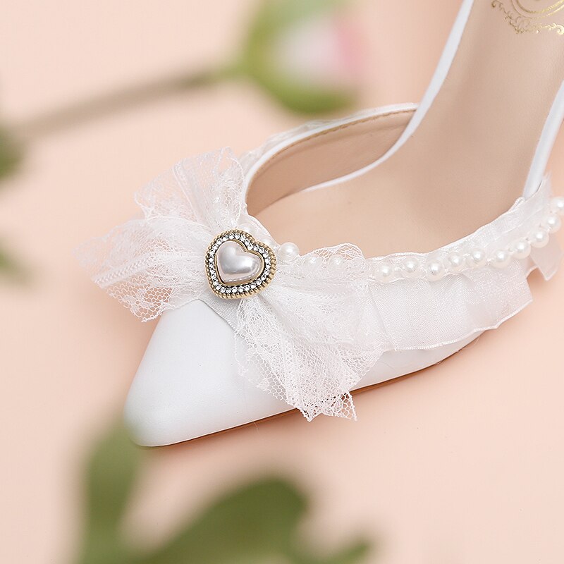 Advbridge Pure White Lace Bowknot Lolita Straight Line Sandals with Hollow High Heels Sweet Flower Wedding Lo Bridesmaid Wedding Shoes