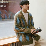 Advbridge Autumn Winter Fashion Casual Men's Loose Tess Cool Boys Knitted Sweater Button Cardigan Coat Solid Patchwork Diamond Plaid Warm