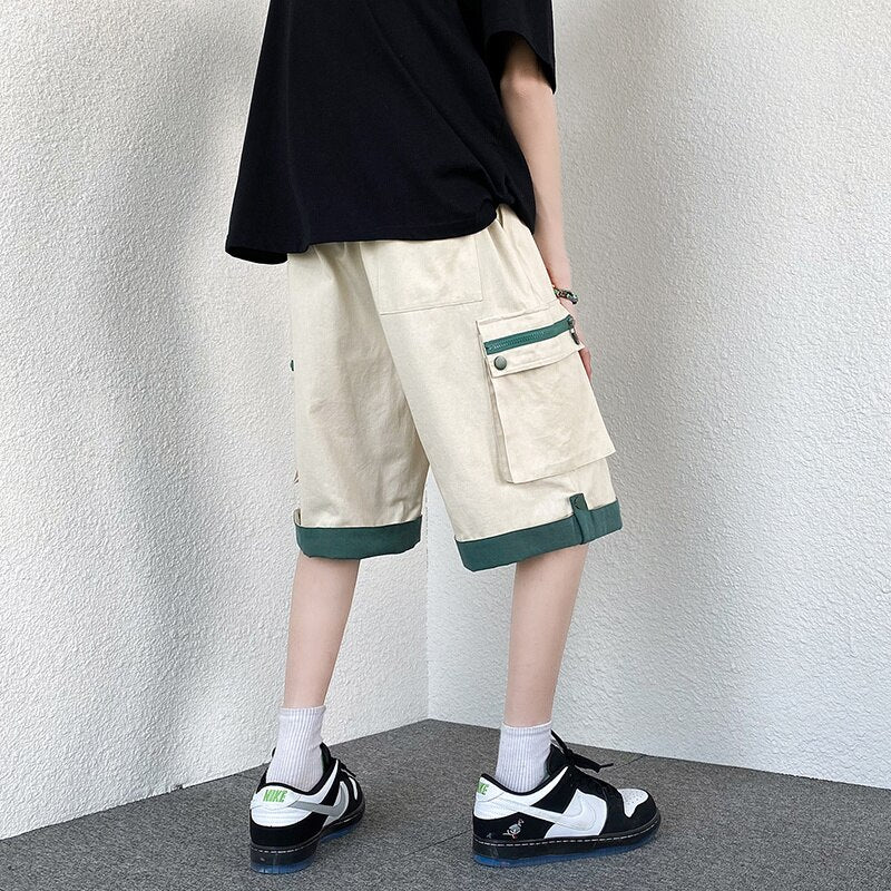 Advbridge Summer Cotton Cargo Shorts Men Fashion Retro Pocket Shorts Men Japanese Streetwear Hip-hop Loose Straight Shorts Mens Large Size