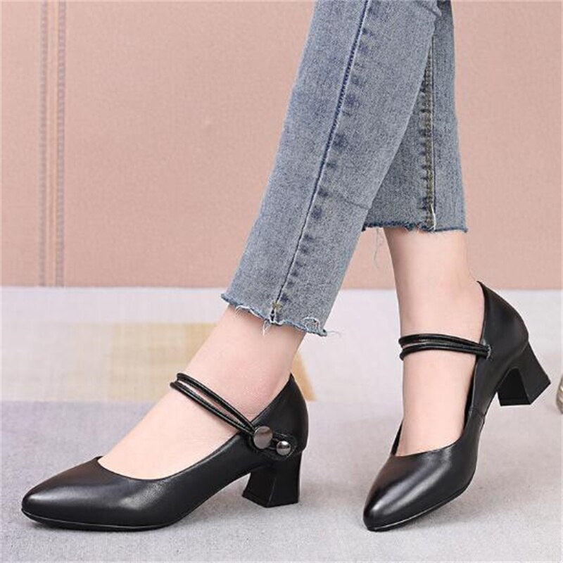 Advbridge  High-quality Cowhide Pointed Shallow Mouth Women Pumps Thick Heel Shoes Work Office Banquet Leather Shoes Large Size