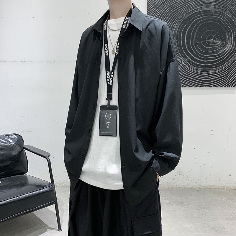 Advbridge New Men's Casual Blouse Shirt Solid Loose Tops Long Sleeve Shirts Spring Autumn Summer Casual Handsome Men Shirt 4 Colors