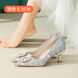 Advbridge Bridal Wedding Shoes Niche Premium Silver High-heeled Shoes Female Thin Heel Bridesmaid Pearl Wedding Dress Cat Heel Shoes