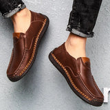 Advbridge Men's First Cowhide Fashion Casual Shoes Men Hand Sewn Casual Leather Shoes Trendy Comfortable Breathable Platform Leisure Shoes