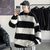 Advbridge Spring Autumn Winter Fashion Man Casual Men's Loose Pullover Tess Soft Knitted Versatile Striped Patchwork Hollow Out