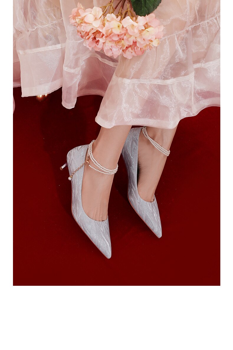 Advbridge Bridal Wedding Bridesmaid Shoes Crystal High Heels Women's Bandage Middle Heel French Wedding Dress Shoes Pearl Single Shoes