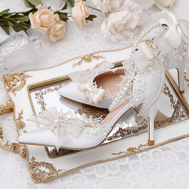 Advbridge Lolita Wedding Dress Bridal Shoes Pearl Crystal Wristband Girl Flower Wedding Lo Shoes White Bowknot French Women's Shoes