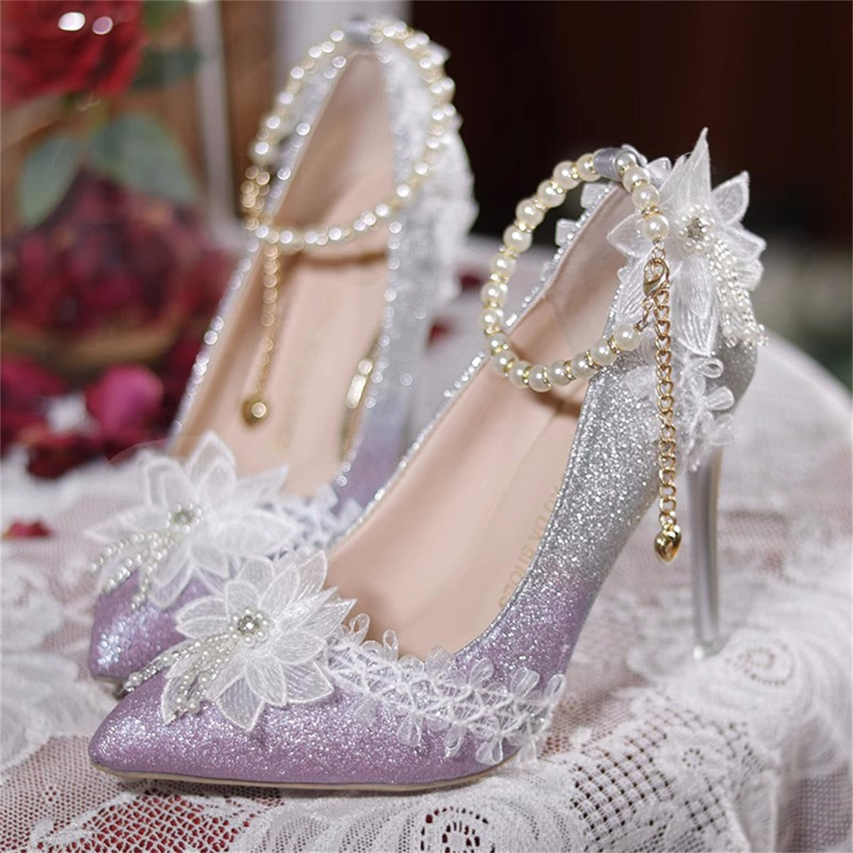 Advbridge French Elegant Vintage Girl Shoes Gradient Starl Sky Flower Pearls Tassels Pointed Sandals Elegant Tea Party 9cm High Heel Shoes