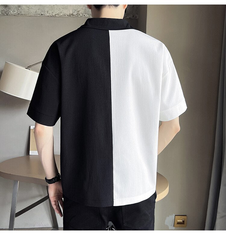 Advbridge Men Striped Pockets Patchwork Shirts Streetwear V-neck Tops Half Sleeve Fashion Shirts Casual Camisas Black/Lake blue