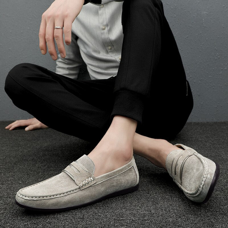 Advbridge Spring Summer Suede Men Loafers Comfortable Flat Casual Shoes Men Breathable Slip-On Soft Genuine Leather Driving Shoes Moccasin