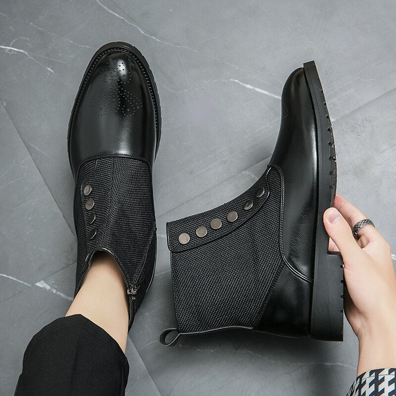 Advbridge New Black Splicing Chelsea Boots for Men Black Business Handmade Men's Short Boots Round Toe Slip-On Ankle Boots Buckle Shoes