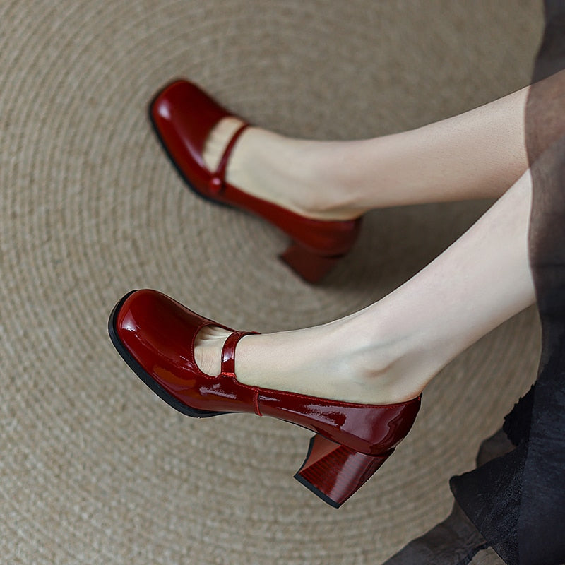 Advbridge 2023 new spring women pumps natural leather 22-24.5cm length cowhide Patent leather square toe Mary Jane Middle heel women shoes
