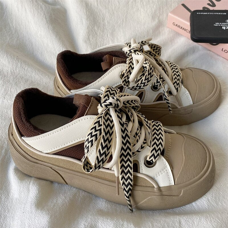 Advbridge INS Brand Leather Sneakers For Women 2023 Platform Beige Chunky Woman Sports Sneakers Casual Lace Up Flats Ladies Sneakers Brown