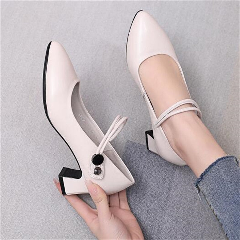 Advbridge  High-quality Cowhide Pointed Shallow Mouth Women Pumps Thick Heel Shoes Work Office Banquet Leather Shoes Large Size