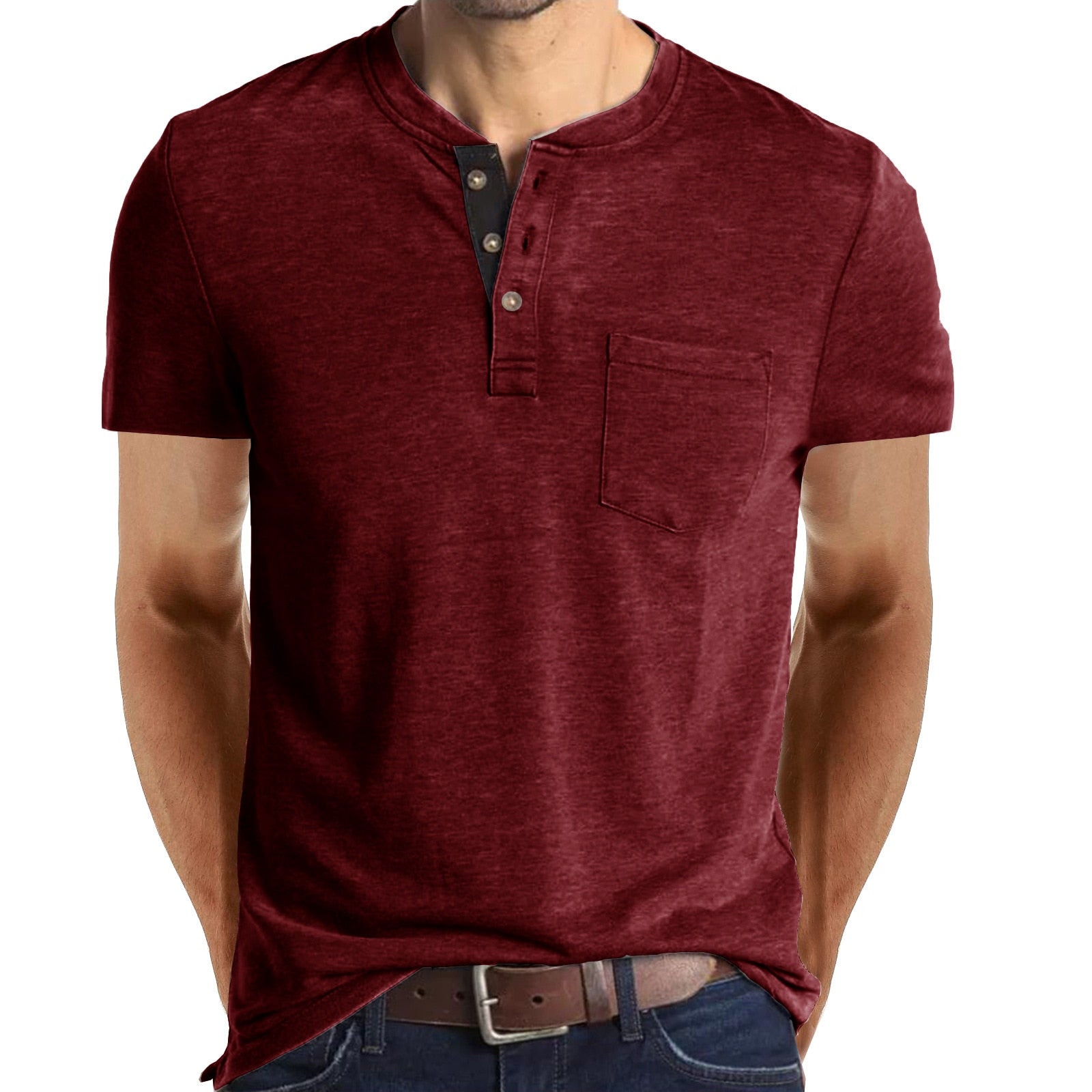 Advbridge Summer New Short Sleeve Men's Clothing Solid Color Round Neck Spliced Button Europe and America Slim Spliced Pocket T-shirt