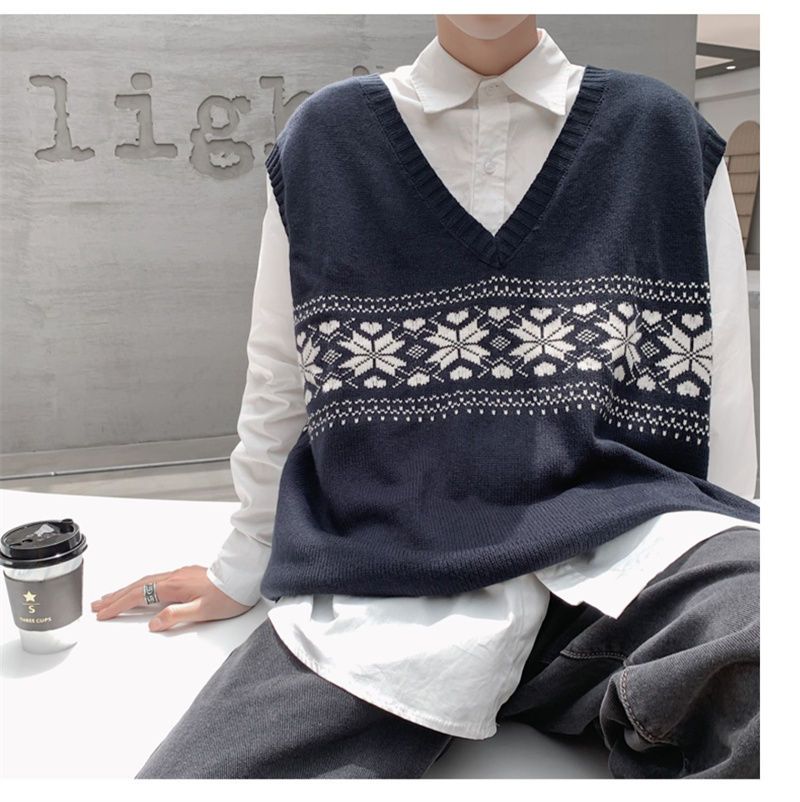 Advbridge Spring Autumn Winter Solid Patchwork Stripes Casual Pullover Vest Men Loose Knitted Top Student Sweater Retro Versatile Flower