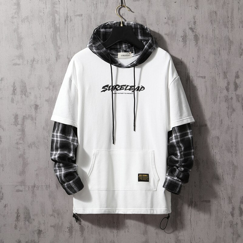 Advbridge Black Tartan Patchwork Hoodies Autumn Spring Men's Sweatshirts Hiphop Punk Streetwear Casual Pullover Hoodie Black Lattice