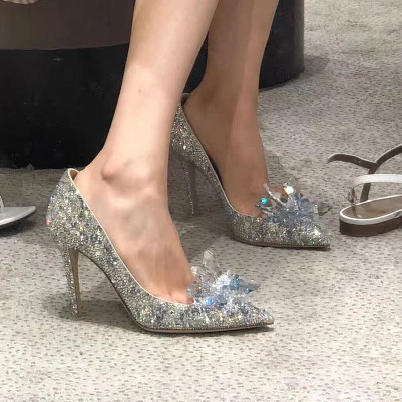 Advbridge High Heels Shoes Women Pumps Pointed toe Woman Crystal Wedding Shoes Zapatos Mujer Slip-on Bride Dress Shoes