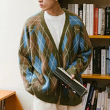 Advbridge Autumn Winter Fashion Casual Men's Loose Tess Cool Boys Knitted Sweater Button Cardigan Coat Solid Patchwork Diamond Plaid Warm