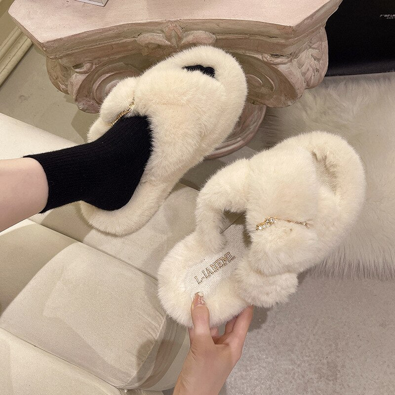 Advbridge Winter Women Fur Slippers Platform Indoor Non Slip Rubber Sole Slides Buckle Decoration Fashion Girl Shoes Ladies Flock Zapato