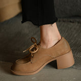 Advbridge Ladies Loafers 5.5 CM Spring Autum Lac-Up Simple Shoes On Thick Square HeelWomen Retro Pump Cowhide Big Toe Pumps British Style
