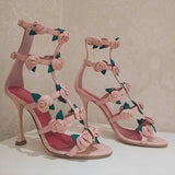 Advbridge Woman Wedding Roman Fairy Pink Flower Sandals Ankle Sexy Buckle Open Toe Sandals Summer Fashion Female Stiletto High Heel Shoes