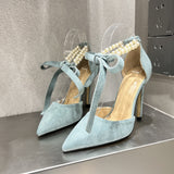 Advbridge Pearl Rhinestone Strap Lace- Up Light Blue Sandals Women Bandage Bow High Heels Party  Suede Pointed Toe Pumps Female Shoes
