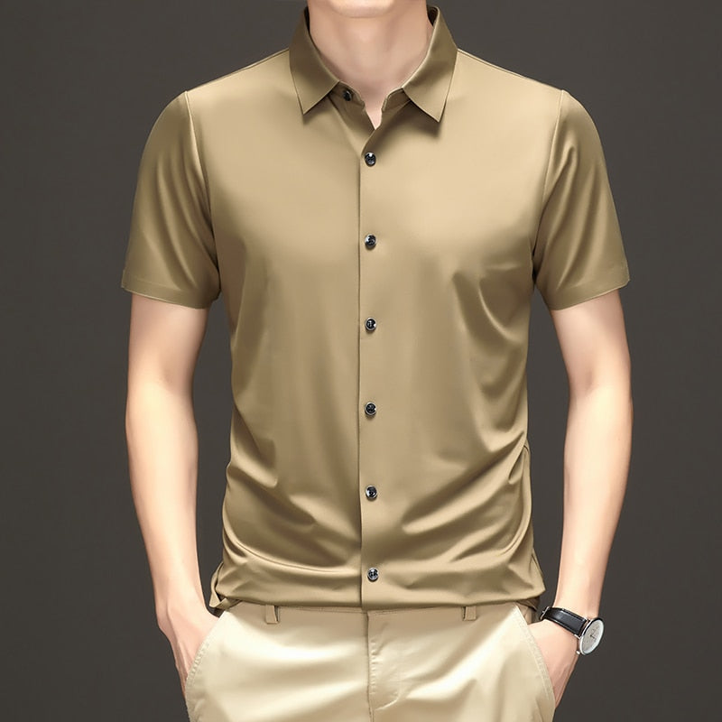 Advbridge Emerald Green Blouse Summer Smooth Silk Button Down Shirts Mens Business Satin Work Office Dress Clothes Large Size Gold White