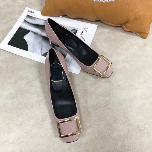 Advbridge Autumn and Winter Women's Shoes Patent Leather Square Toe Thick Heel High Heels Mid-heel Square Buckle  Wedding Shoes