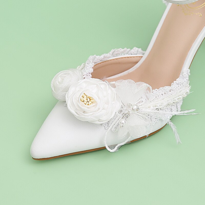 Advbridge French Elegant Bride Lolita Lace Bowknot Pearl Point Baotou Sandals One Word Flower Wedding Lo Wedding Shoes