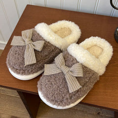 Advbridge White Brown Korean Kawaii Women Shoes Bowknot Cotton House Slippers New Winter Home Flat Fluffy Platform Designer Bedroom