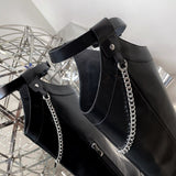 Advbridge Womens Mid Calf Street High Boots Thick Heel 7CM Square Toe Side Zipper Punk Style Shoes Cow Split Leather Chain Boots For Women