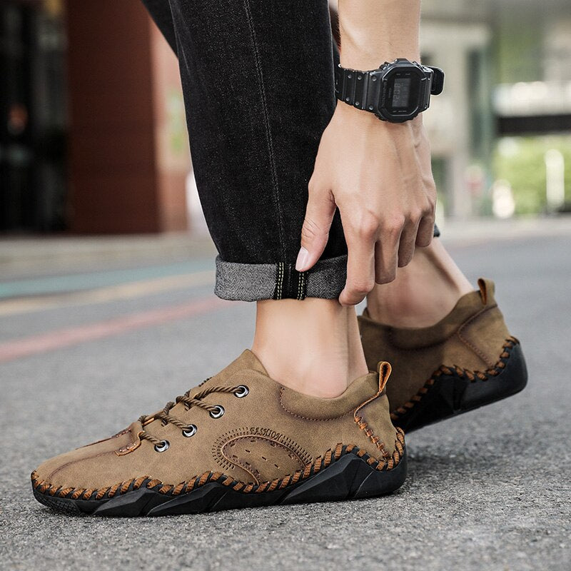 Advbridge Fashion Vintage Handmade Leather Men Shoes New Outdoor Casual Loafers Lace-up Moccasin Tooling Shoes Driving Flat Big Size 38-48