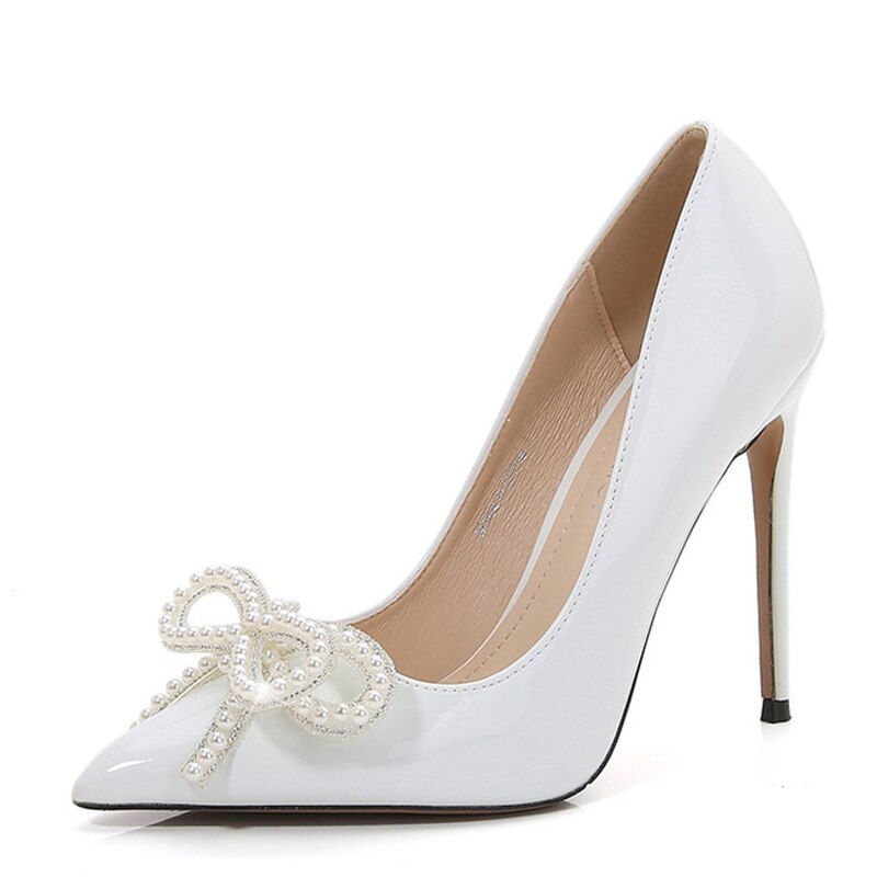 Advbridge New Style Pearl Bowknot Stiletto Women Pumps Fashion Pink Patent Leather 12CM High Heels Mules Big Size 45 46 Female Shoes