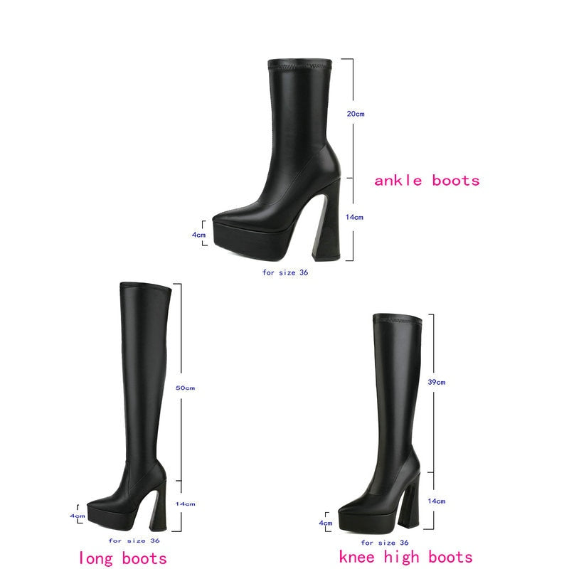 Advbridge Women Ankle Boots Platform Square High Heel Ladies Short Boots Faux Leather Pointed Toe Dress Female Shoes Plus Size 45
