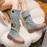 Advbridge Retro Denim Chunky Platform Boots Women Autumn Patchwork Western Style Cowboy Boots Woman Thick Heels Mid Calf Botas