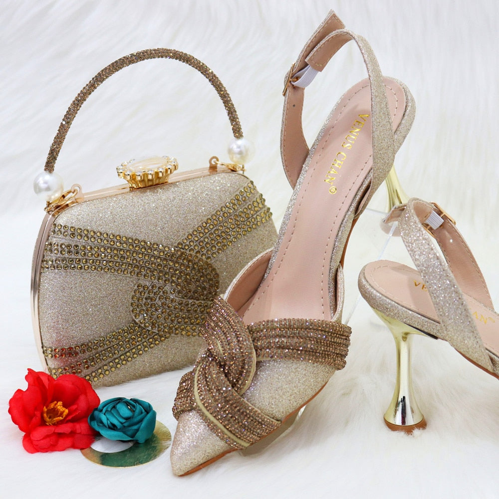 Advbridge Italian Design Classic Women's Hand Bag Splicing Color Matching High Heels African Wedding Party Shoes And Bag Set