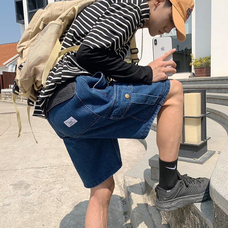 Advbridge Mens Patchwork Color Denim Shorts Streetwear Bermuda Male Multi-Pockets Casual Half Jean Summer Fashion Cargo Shorts Men