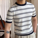 Advbridge Trend Splicing Striped Tee Shirt Men Short Sleeve Business Office Crew Neck Summer Breathable Tshirt Camiseta Manga Corta Hombre
