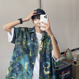Advbridge Cuban Collar Oil Painting Shirts Summer Ice Silk Short Sleeve Full-print Top Loose Thin Half-sleeved Shirt Oversize Mens Clothes