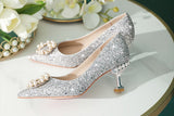 Advbridge Bridal Wedding Shoes Niche Premium Silver High-heeled Shoes Female Thin Heel Bridesmaid Pearl Wedding Dress Cat Heel Shoes