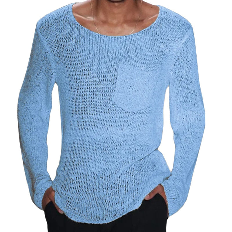 Advbridge Spring Casual Solid Color Slim Fit Knit Tops For Men  Long Sleeve Crew Neck Knitting T Shirts Mens Clothes Leisure  Shirt