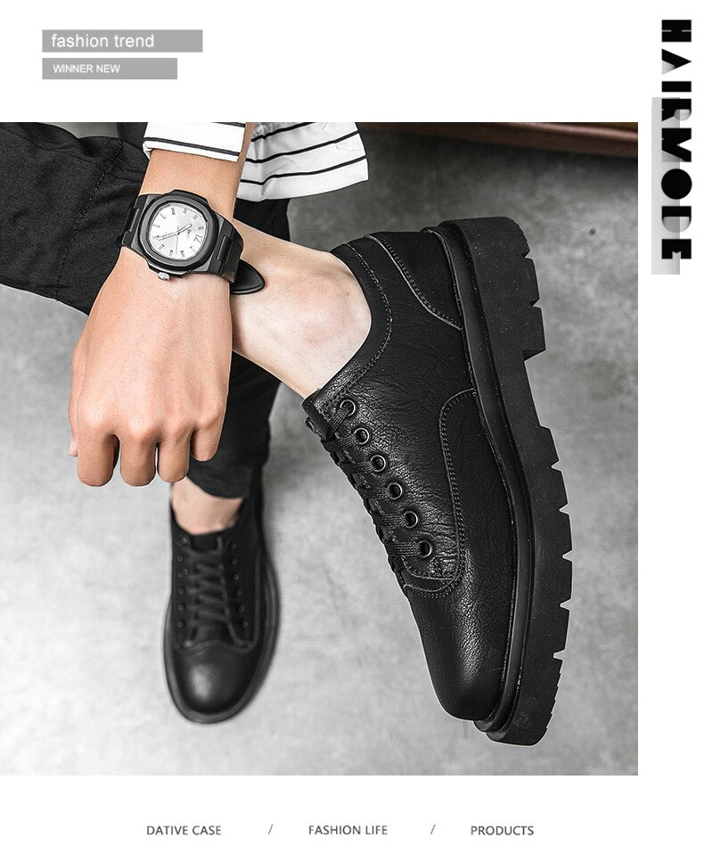 Advbridge Retro Solid Color Rubber Sole Business Men's Shoes Autumn New Men Casual Shoes Thick Bottom Heightened Casual Leather Shoes