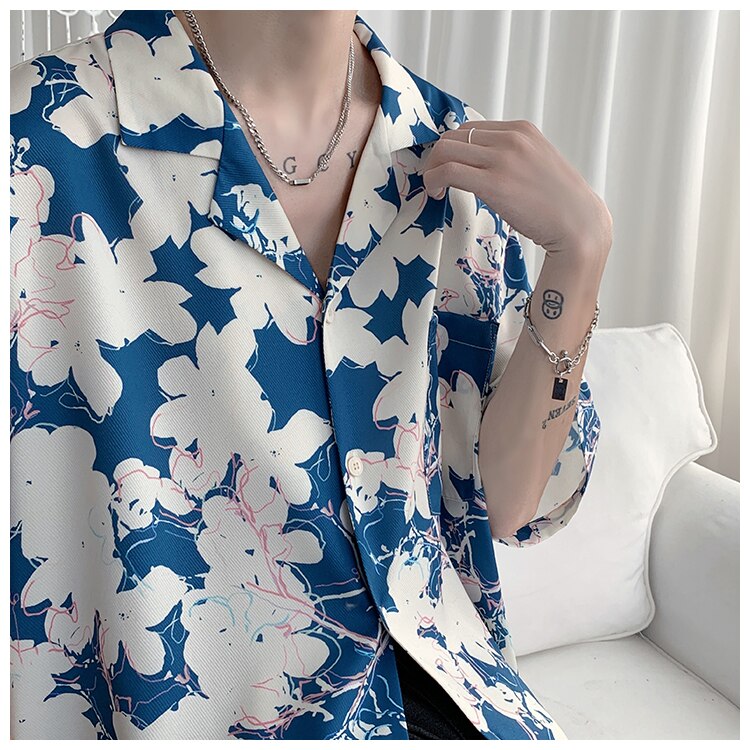 Advbridge Summer Men Short Sleeve Floral Shirt Streetwear Fashion Loose Turn-down Collar Mens Hawaiian Vibe Shirts Vacation Camisa