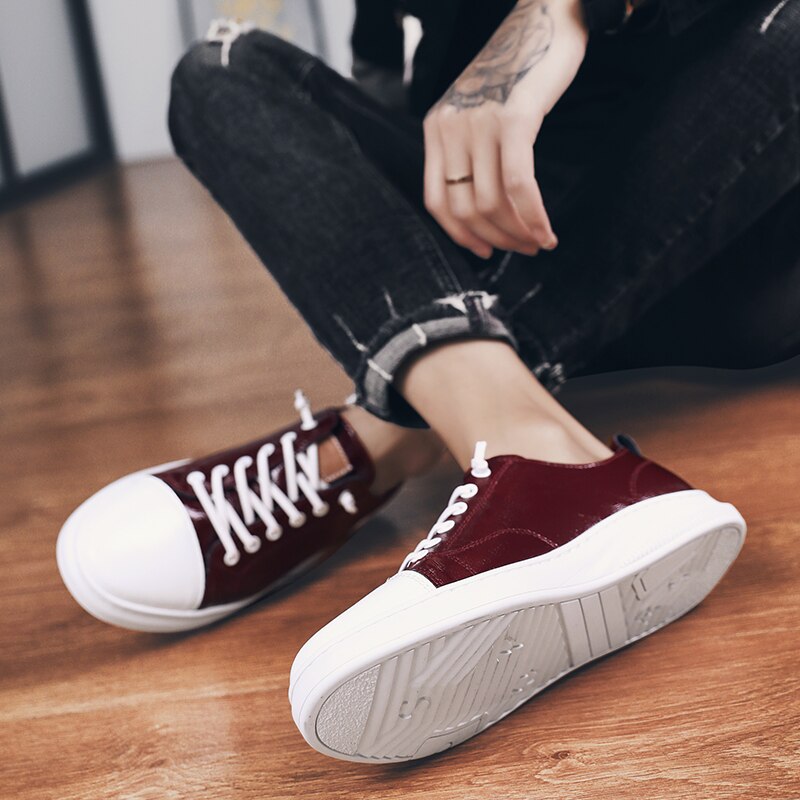 Advbridge Classic Simple Men Sneakers Lace-Up Soft Leather Shoes Color Matching Casual Flats Shoes   Comfy Men's Vulcanize Shoes All-match