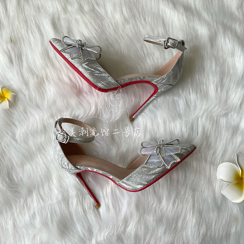 Advbridge Free shipping Hot Sale Silver Glitter Crystal Mesh Butterfly Open In The Middle Ankle Strap 2023 New Style Spring Wedding Shoes