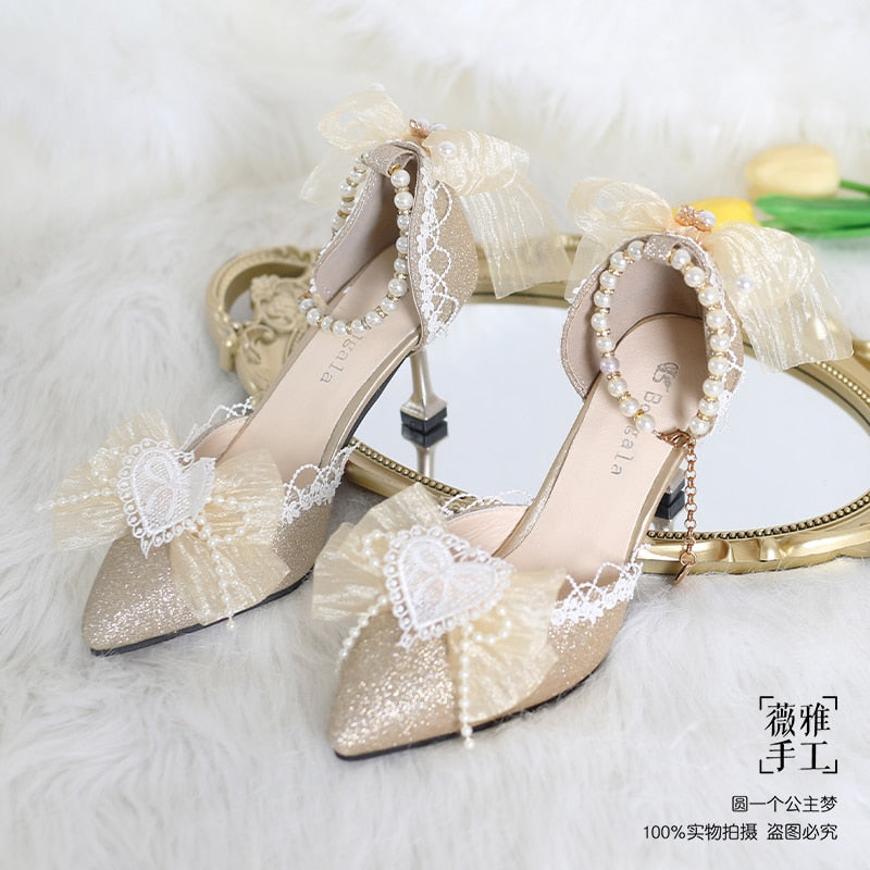 Advbridge Kawaii Girl Tea Party Elegant Pearl Love Lace Bowknot Lolita Shoes Multicolor Exquisite Embroidery Pointed Sandals Cosplay Lolit