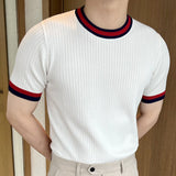 Advbridge O-Neck Stretched Men's Tee Shirt Patchwork Color Stripe Slim Fit Knitted T Shirt Homme Streetwear Fashion Casual T-Shirt